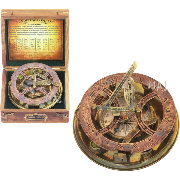 MAI 5" Brass Nautical Sundial Compass in Wooden Box - Antique Vintage Style