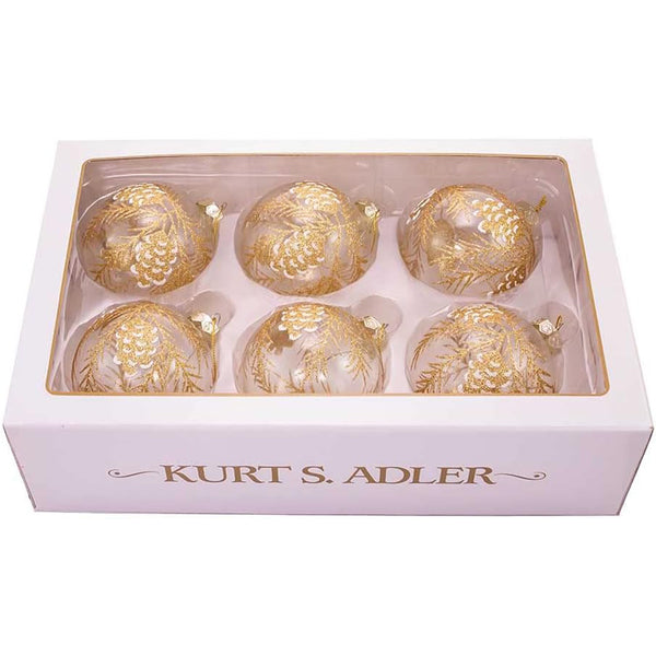 Kurt S. Adler 80MM Clear with Gold Pinecones Glass Ball Ornament Set - 6-Piece Boxed, Christmas Decor