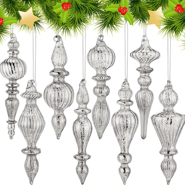 Mifoci 8 Pcs 6 Inch Mercury Glass Finial Christmas Ornaments - Hanging Assorted Silver Mercury Glass Decor