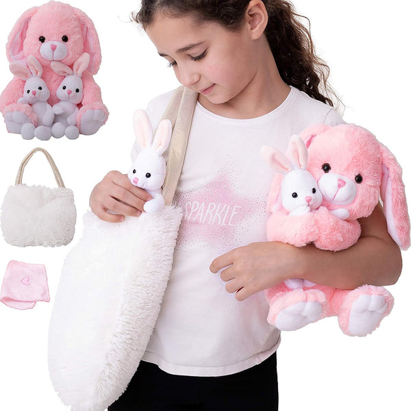 Perfectto Design Bunny Toy Set - Mommy, 2 Baby Rabbit Toys, XL Furry Bag, and Doll Blanket - Age 3-8