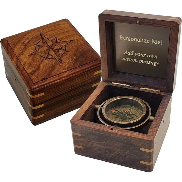 Engraved Brass Desk Compass in Wood Box - Personalized Gift for Men