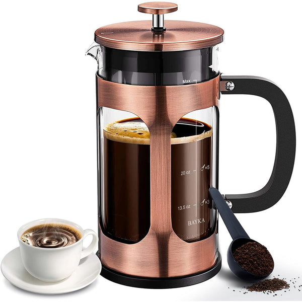 BAYKA 34oz French Press Coffee Maker - Glass with Copper Stainless Steel