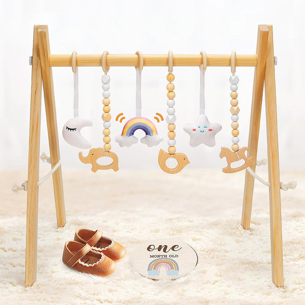 Wooden Baby Play Gym with 6 Toys - Foldable Activity Center