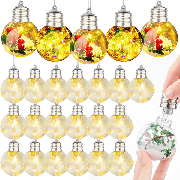 Poen LED Christmas Ball Ornaments - Set of 24 Clear Plastic Fillable Ornament Balls with Lights, Round Hanging Ornaments for Christmas Trees (2.36 Inch)