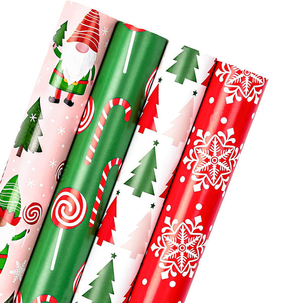 WRAPAHOLIC Christmas Wrapping Paper Rolls - Gnome Elf Holiday Collection, 4 Rolls - 30" x 120" Each